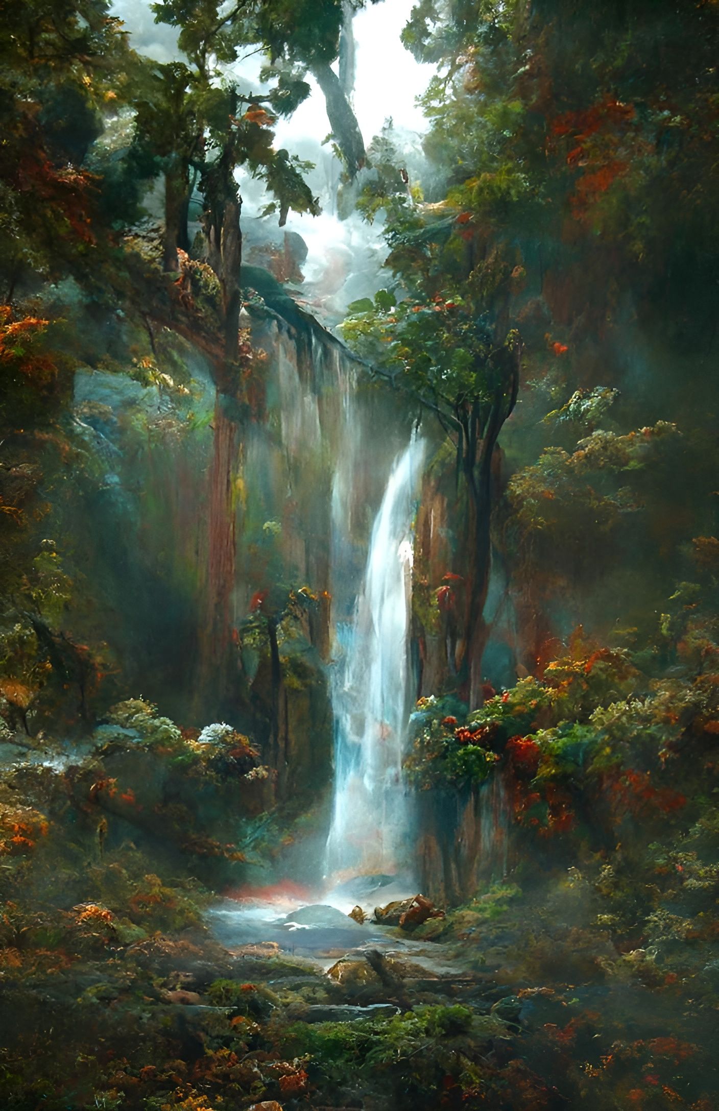 Enchanted Forest Waterfall in Romanticism Art Style