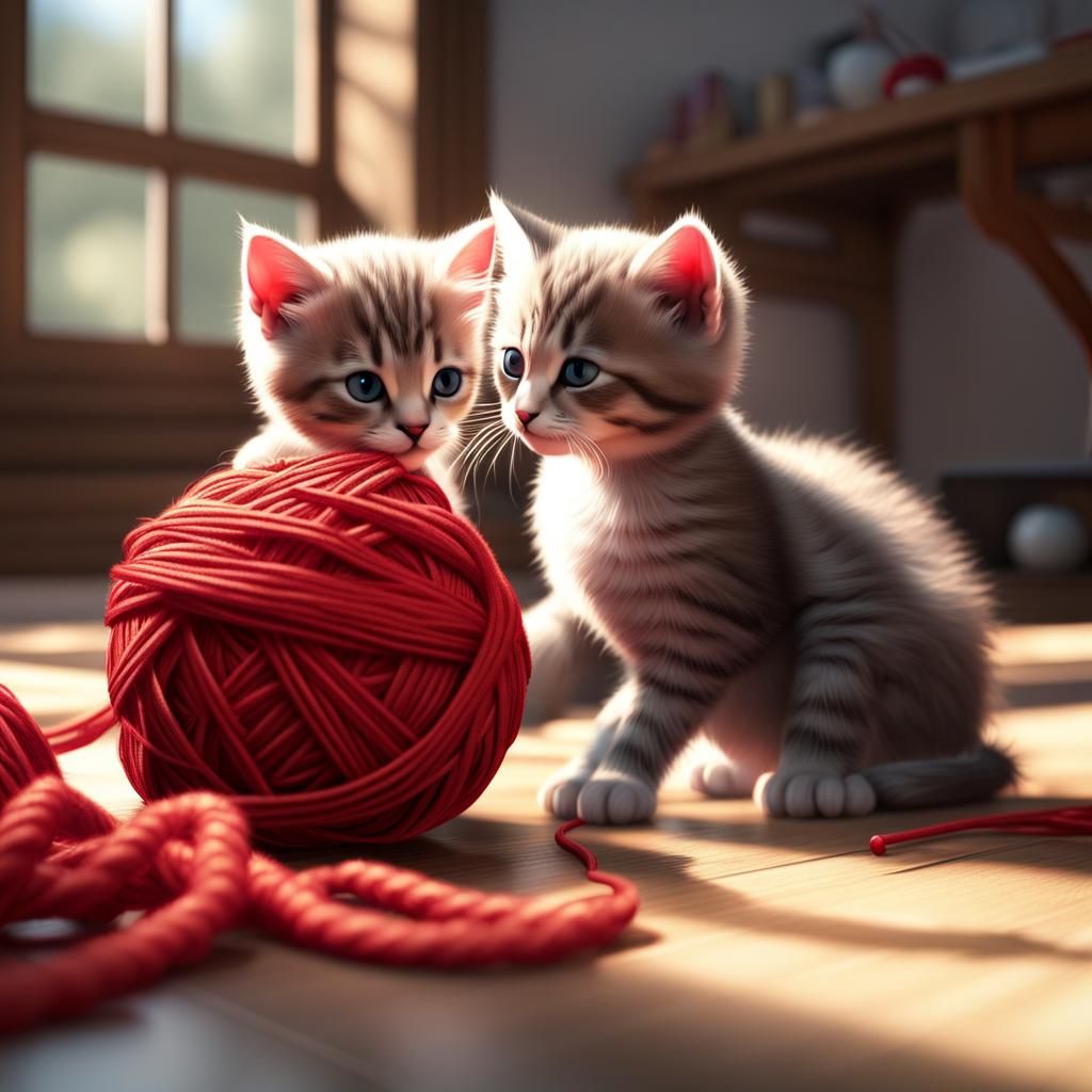 Two Kittens Play with Yarn: 3D Rendered Scene
