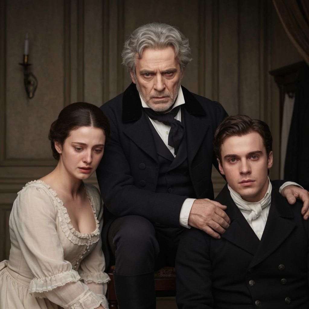 Emotional Reunion: Valjean and Young Couple in 1833 Paris