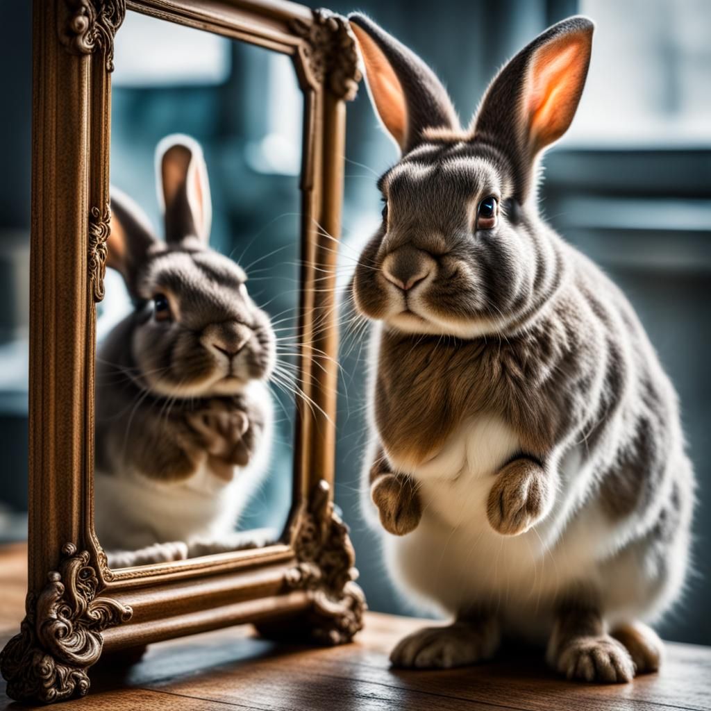 Hyperrealistic Rabbit Gazing into a Mirror