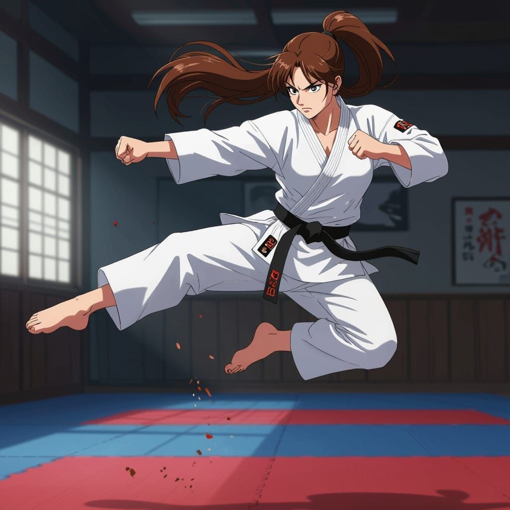 Anime Karate Master Mid-Air Kick Illustration