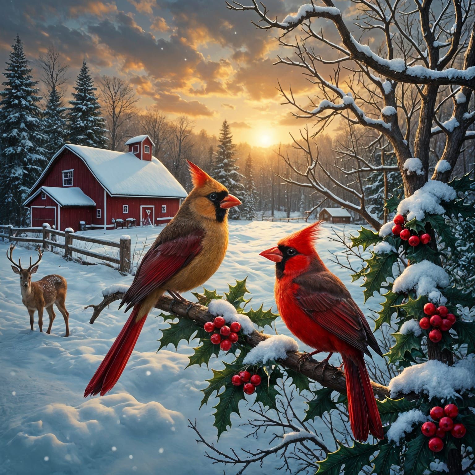 Christmas Cardinals Perched on Snowy Holly amidst Countrysid...