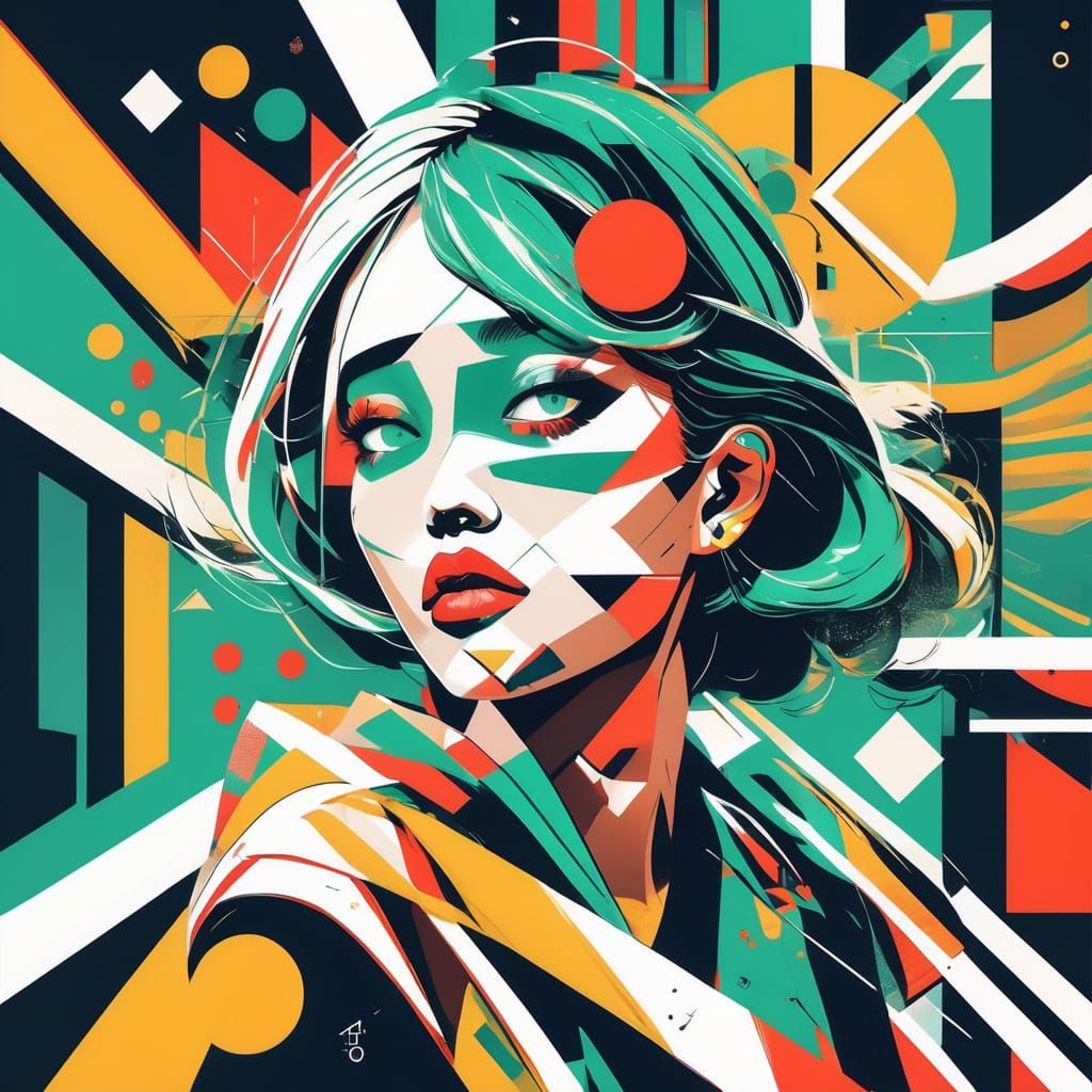 Youthful Japanese Pop Art Portrait in Emerald Green and Bold...