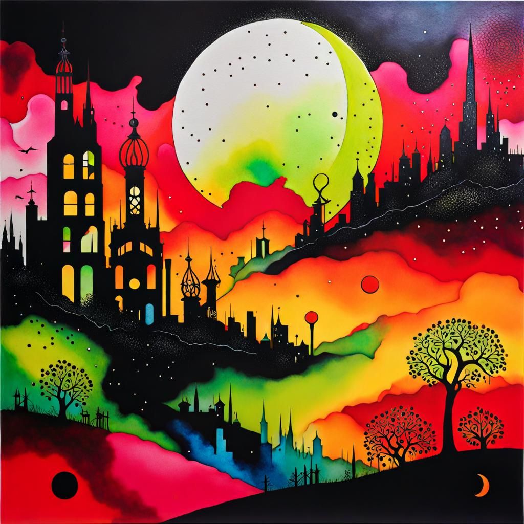 Surreal Metropolis with Flying Terrarium, Miró Art Style