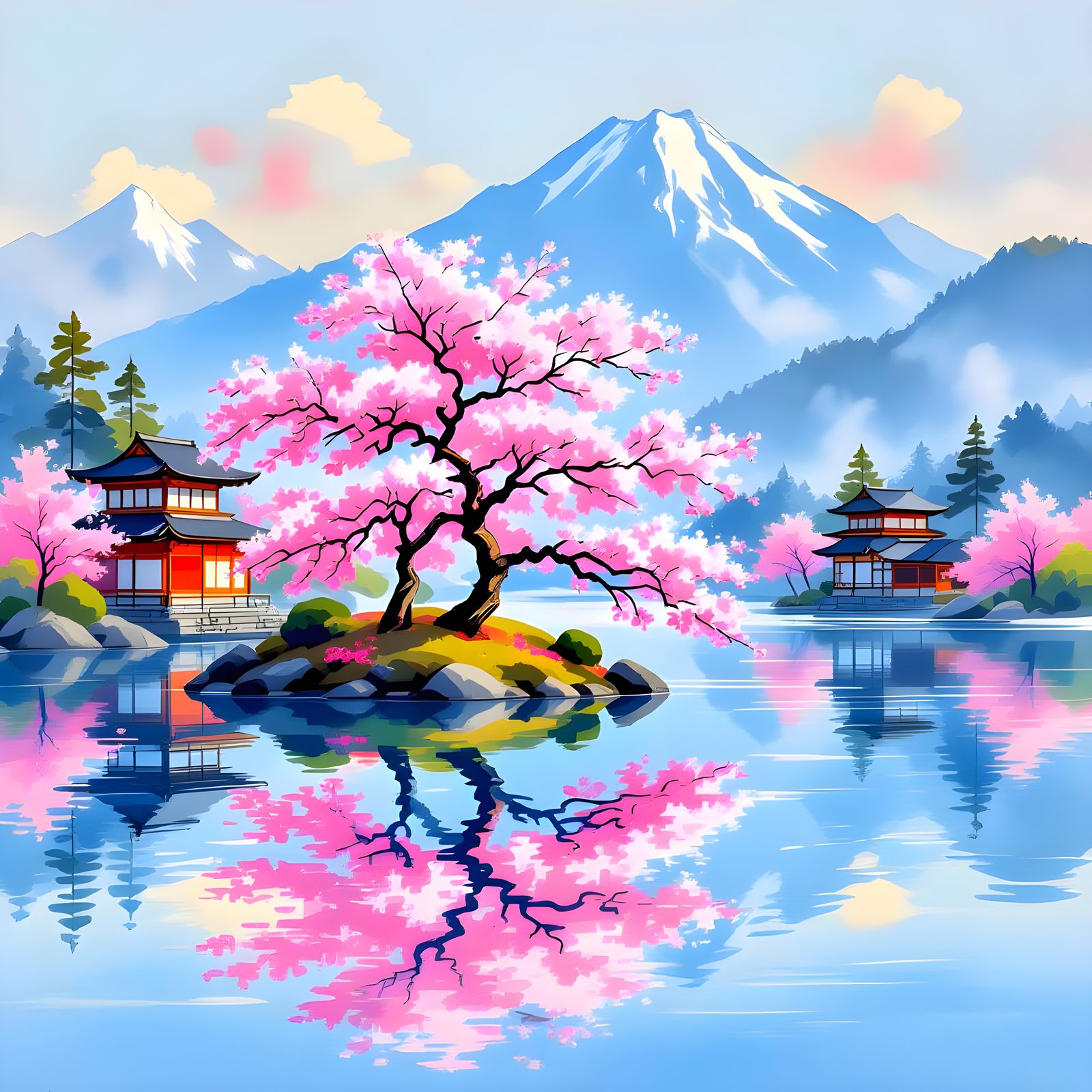 Sakura Tree by Lake with Tea Houses