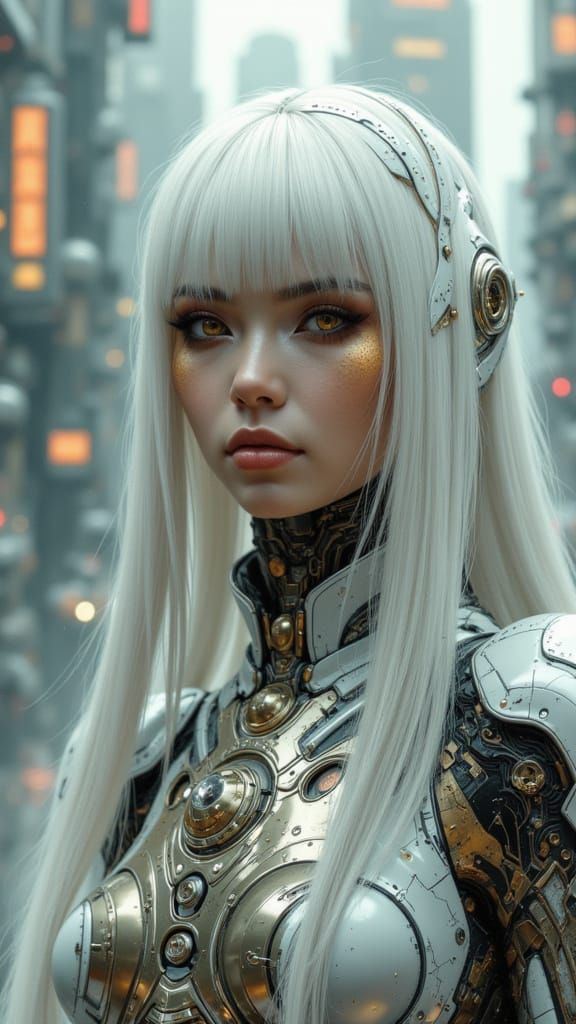 Futuristic Cyborg Goddess in a Gritty Dystopian Cityscape