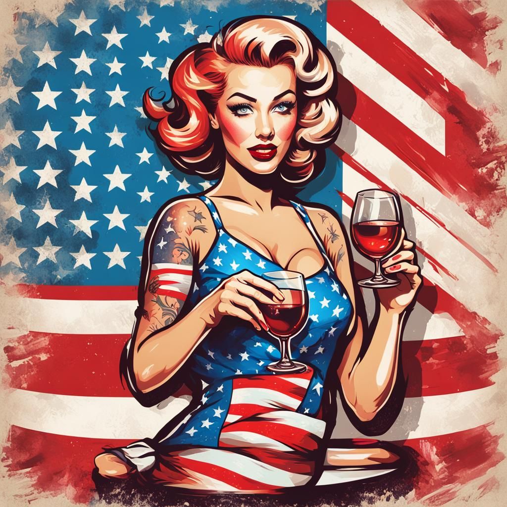 American Flag Pin-Up Girl in Traditional Tattoo Style