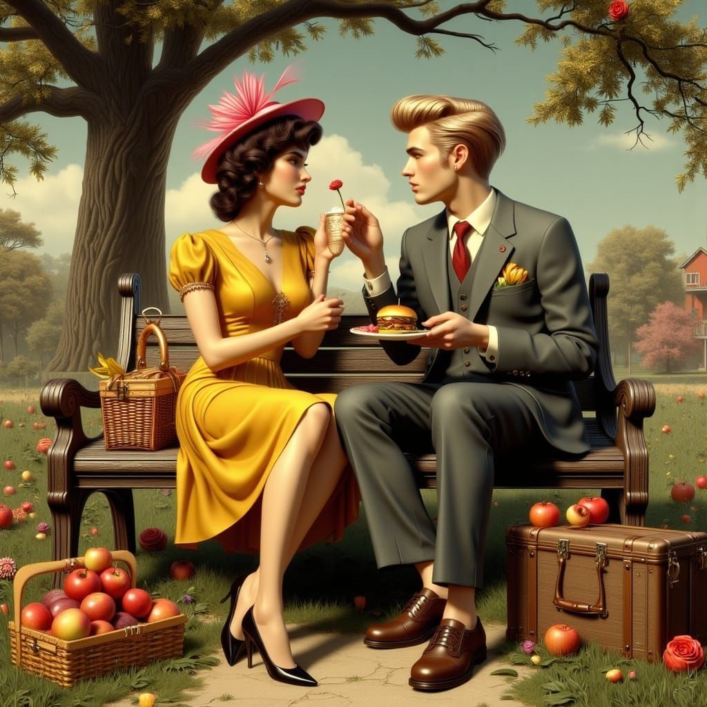 Vintage-Inspired Picnic Scene with Art Nouveau Punk Flair