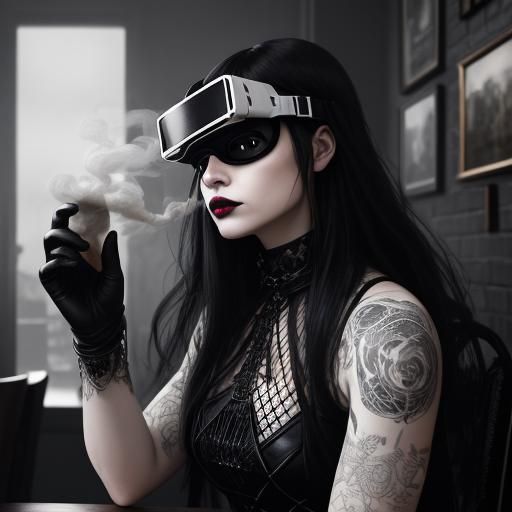Goth Model in Coffee Shop: Black and White Photography