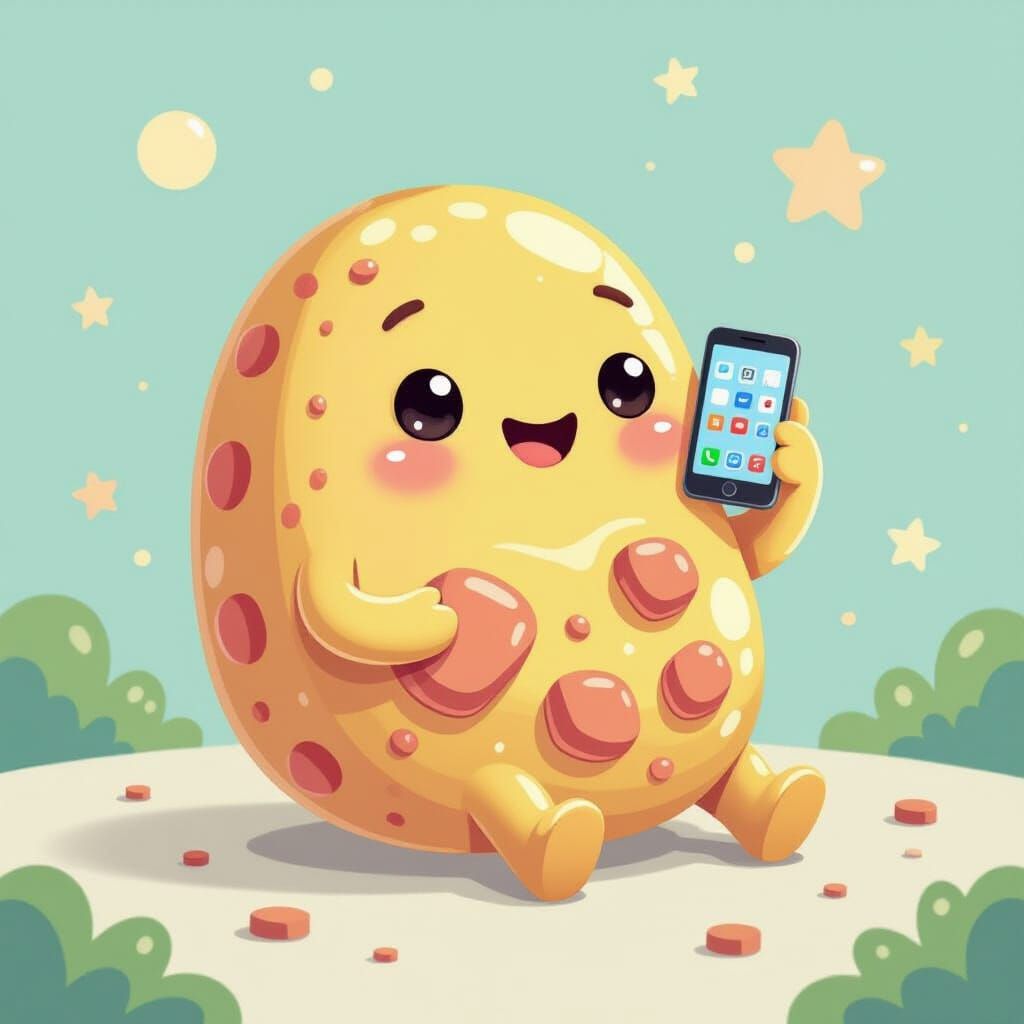 Friendly Cartoon Cell with Smartphone, Vector Art Style