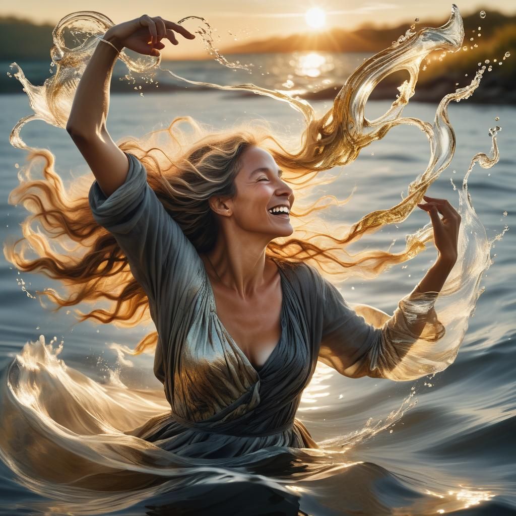 Ethereal Lady Dancing on Water at Sunrise