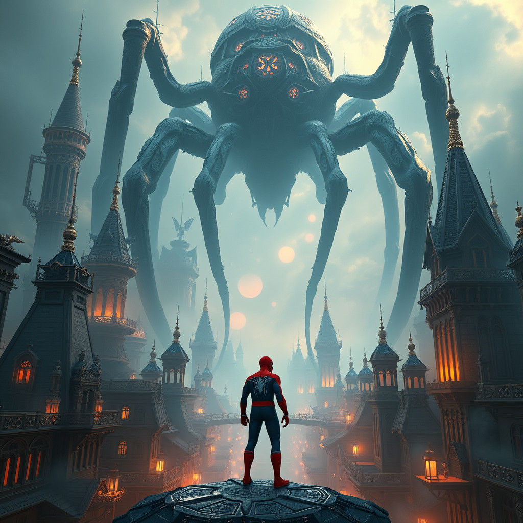 Spider-Man in Mystical City with Giant Spider