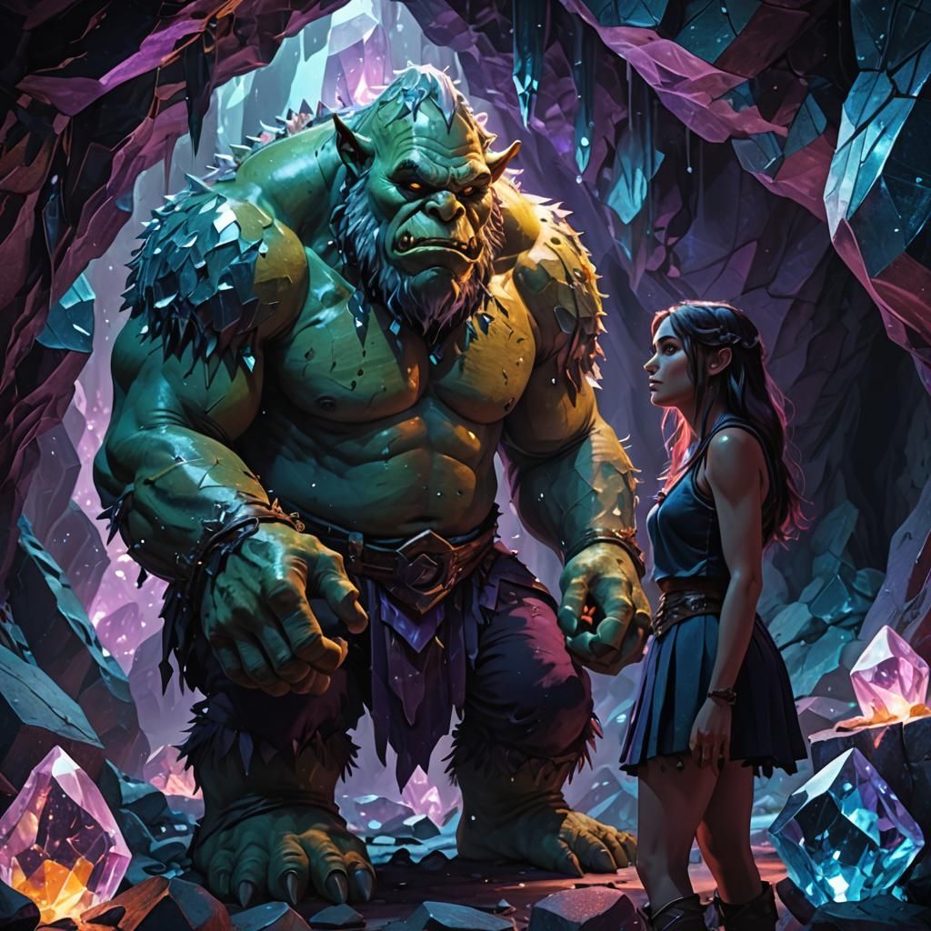 Ogre Teasing Girl in Crystal Cave: Hyper-Realistic Art
