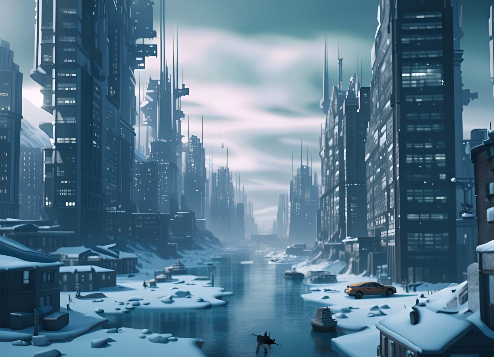 Dystopian Arctic Mega City in Cyberpunk Style