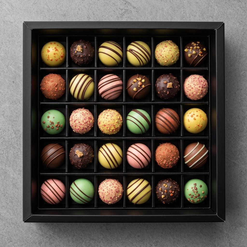 Assorted Colorful Chocolates in Black Box, Photorealistic