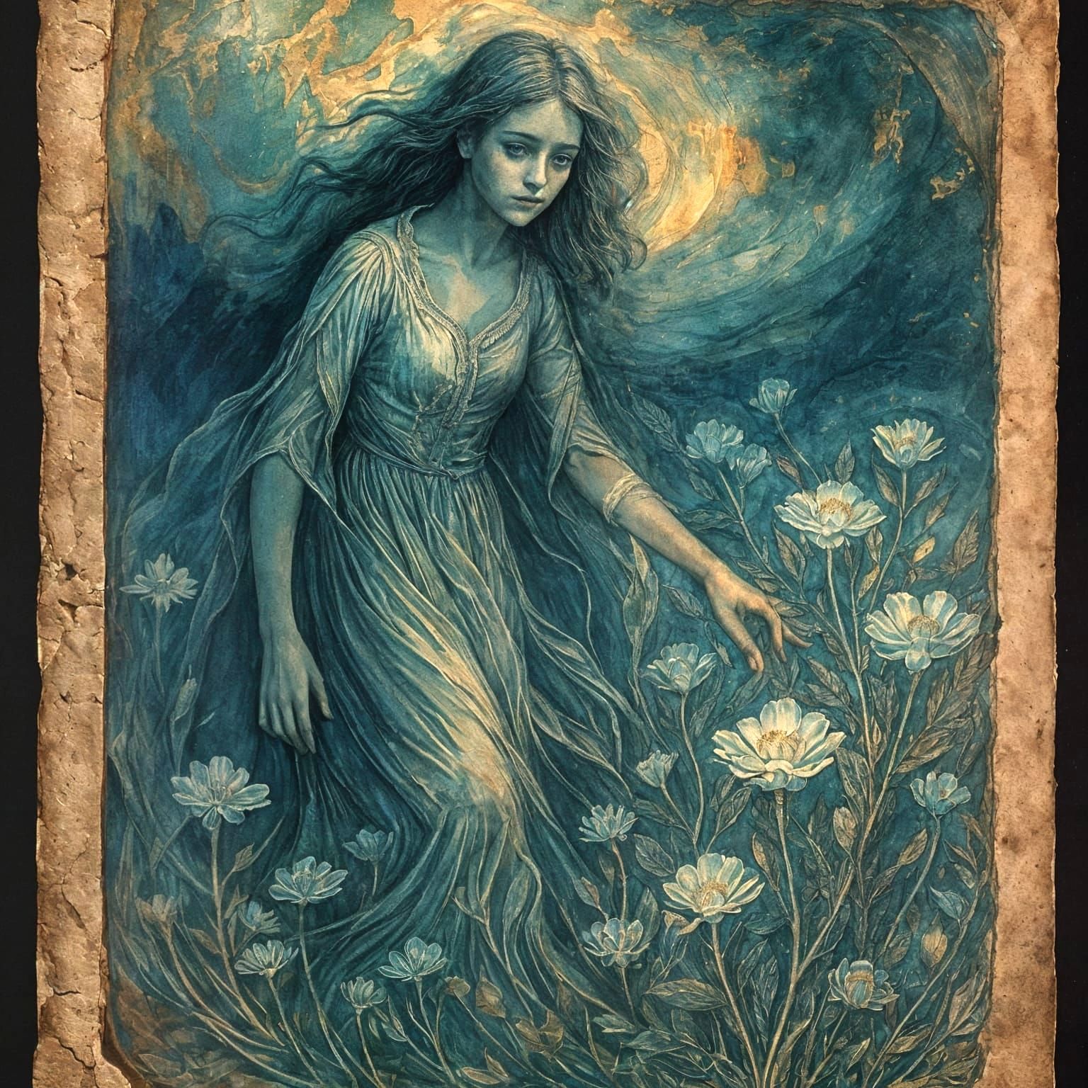 Ghostly Woman in Spectral Flower Field