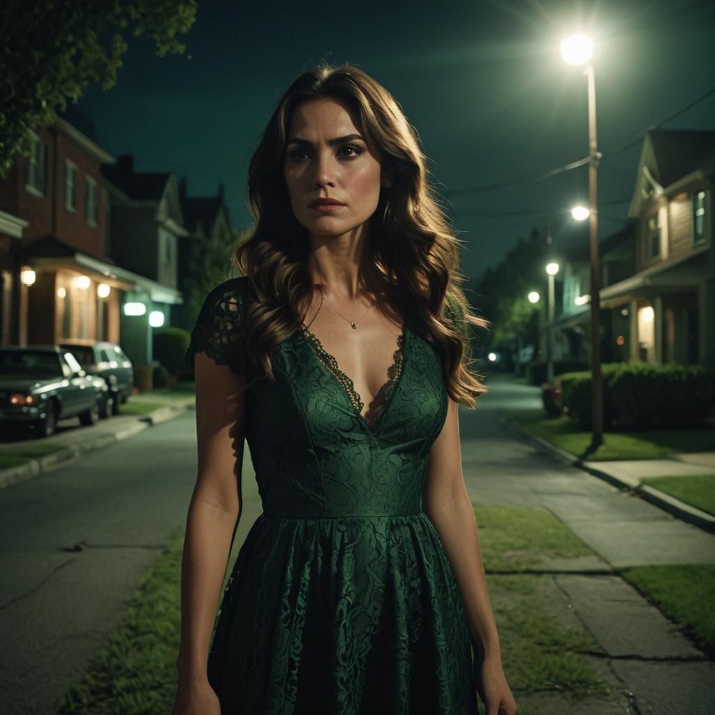Woman in Green Lace Dress, Film Noir Style