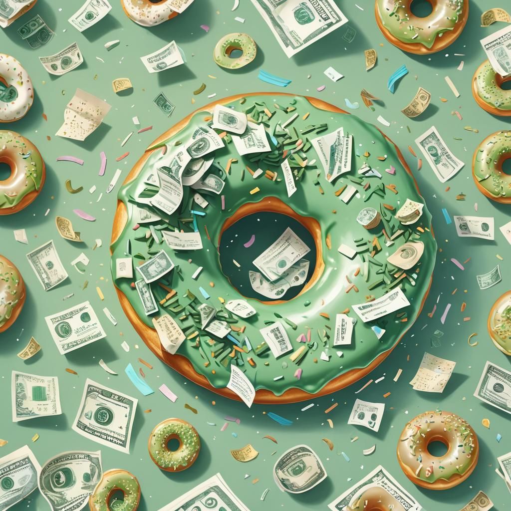 Whimsical Donut with Flying Money Illustration