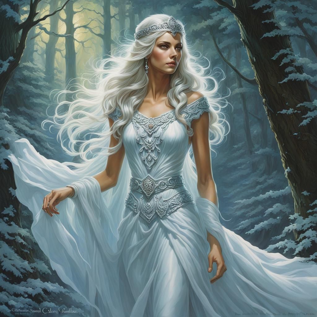 Ethereal Winter Maiden in a Frosty Forest Glade