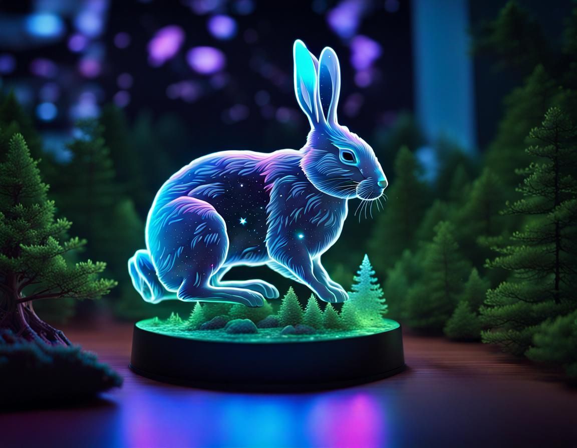 Bioluminescent Hologram Rabbit in Sci-Fi Forest