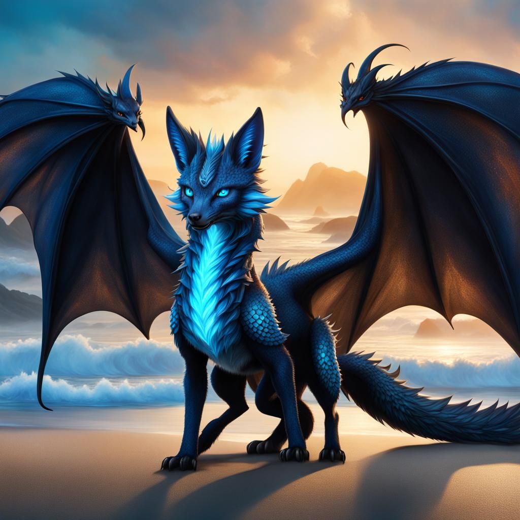 Stunning Fox Dragon Hybrid with Blue Eyes and Wings