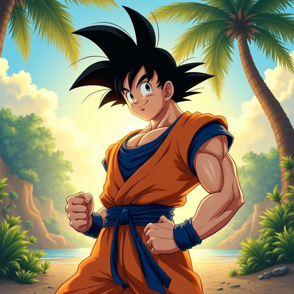 Goku in One Piece Style on Tropical Island