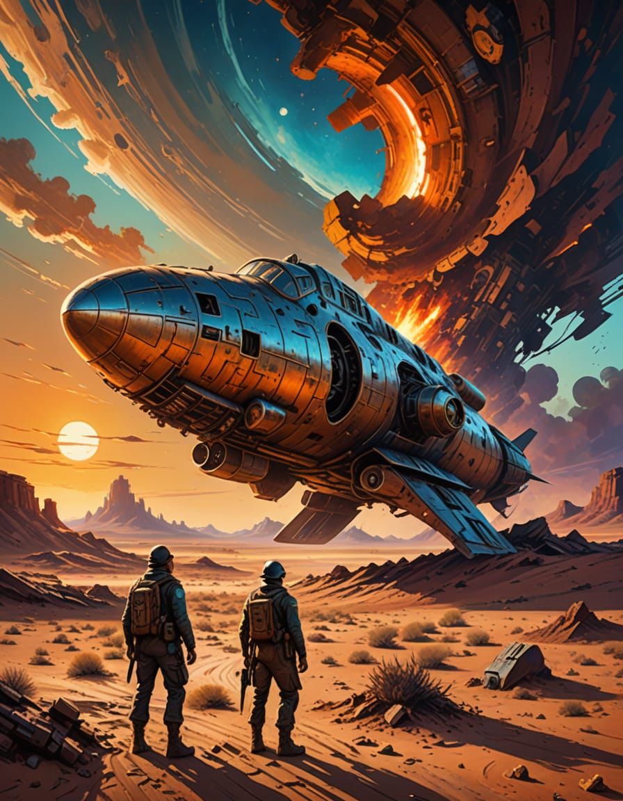 Dieselpunk Explorer Finds Crashed Spaceship: Oil Painting