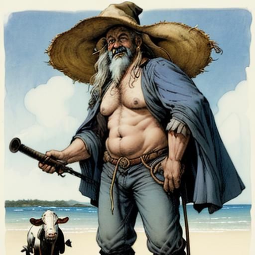 Farmer and Cow Portrait in Comic Art Style