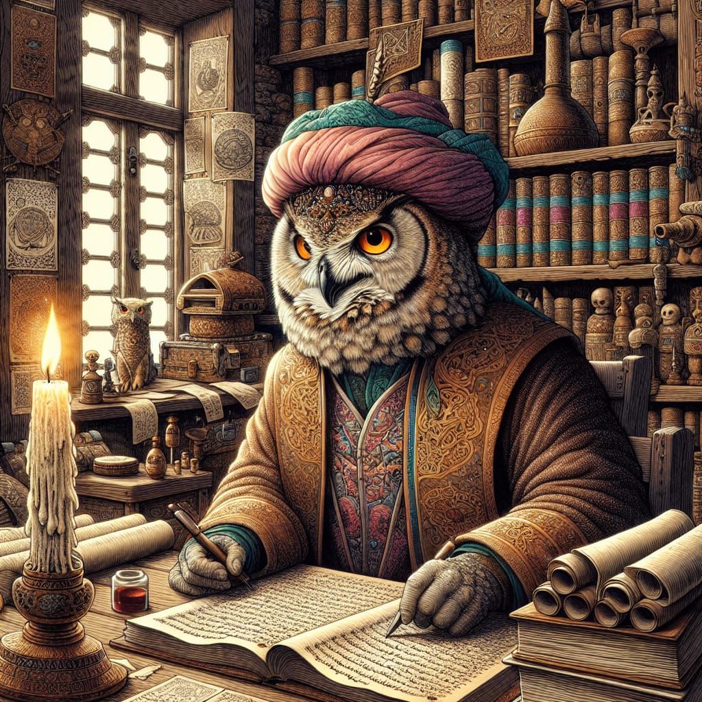 Wise Owl Scholar in Alchemist's Study, Pen and Ink