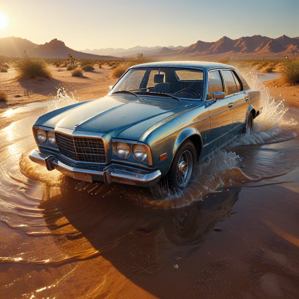 Surreal Water Car in Desert At Golden Hour