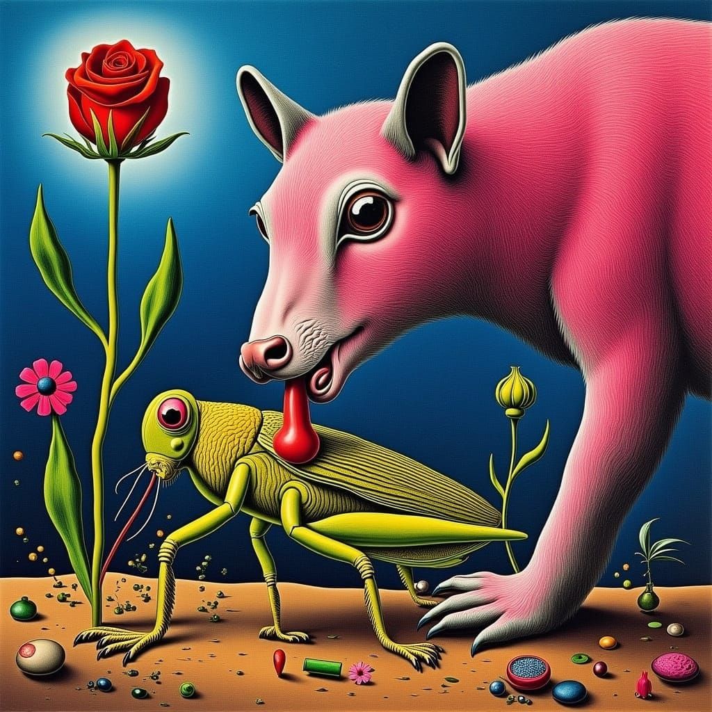 Weasel Eating Grasshopper in Surrealist Style