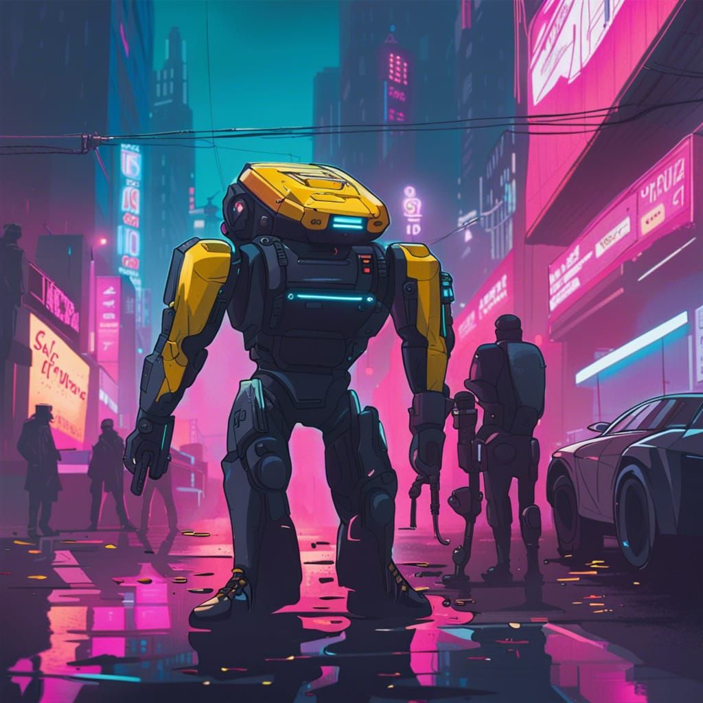 Cyberpunk Police Robot Shootout in Neon City