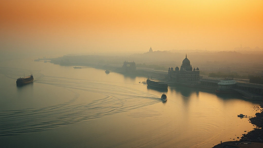 Ganga, Yamuna, Saraswati River Confluence in Cinematic Style
