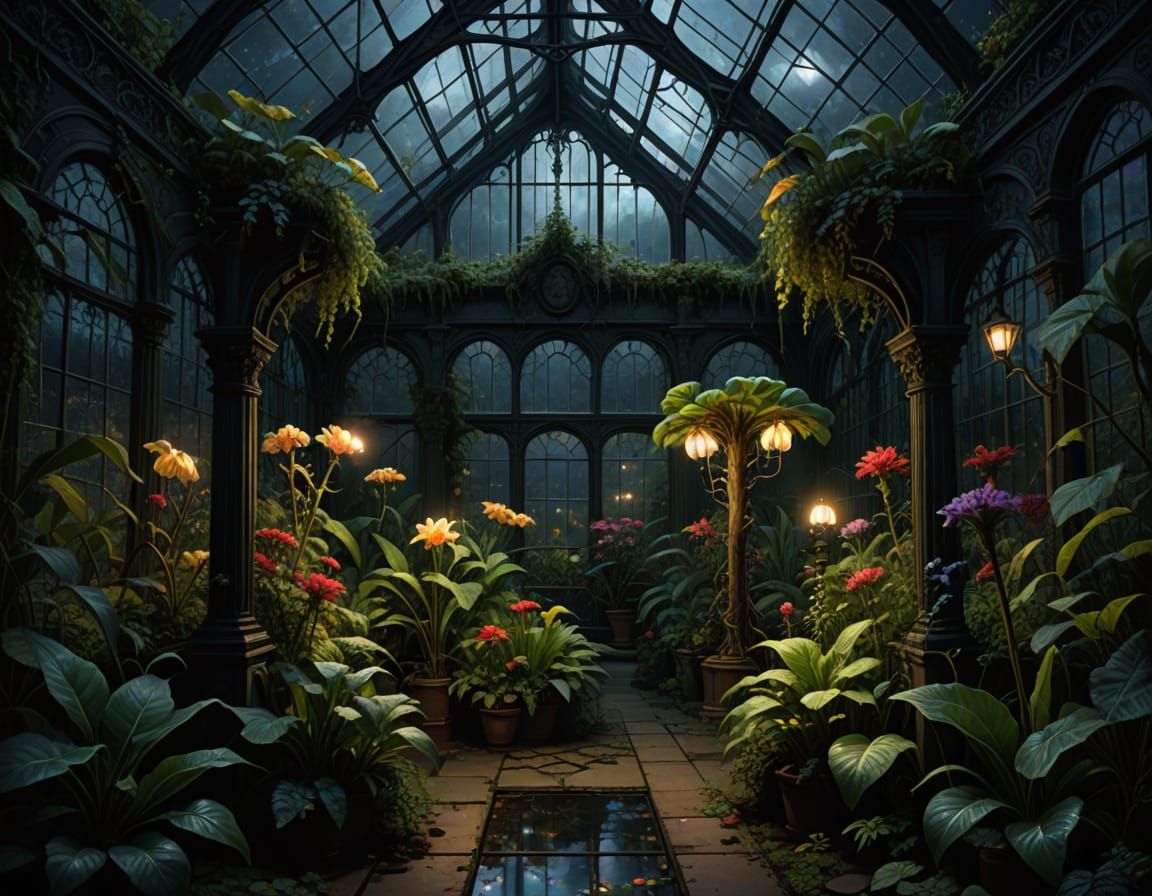 Horror Greenhouse at Night in Victorian Style