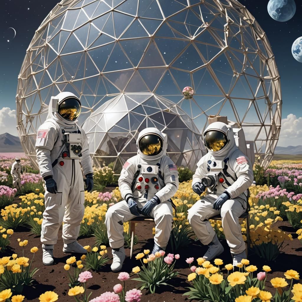 Men in Suits Present Flowers on the Moon