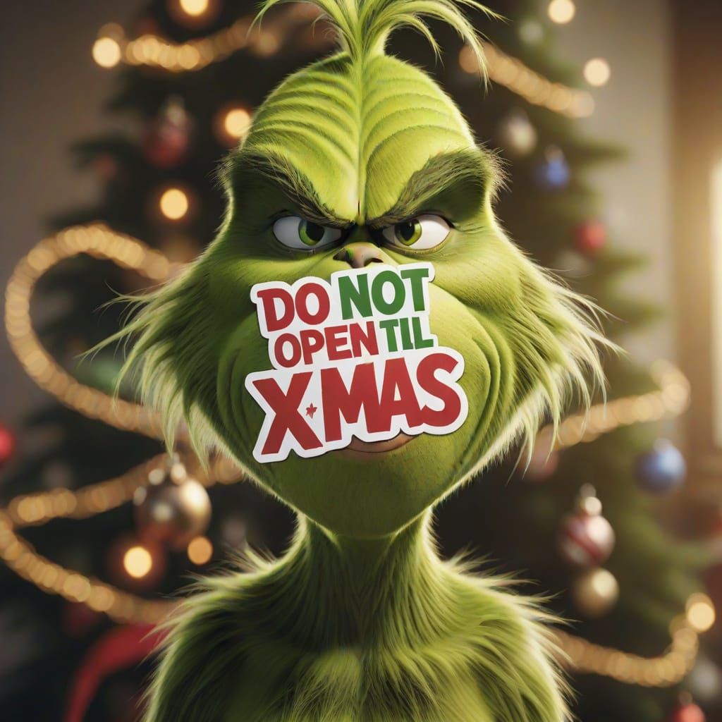 The Grinch Sticker Close-Up in Hyperrealistic Style