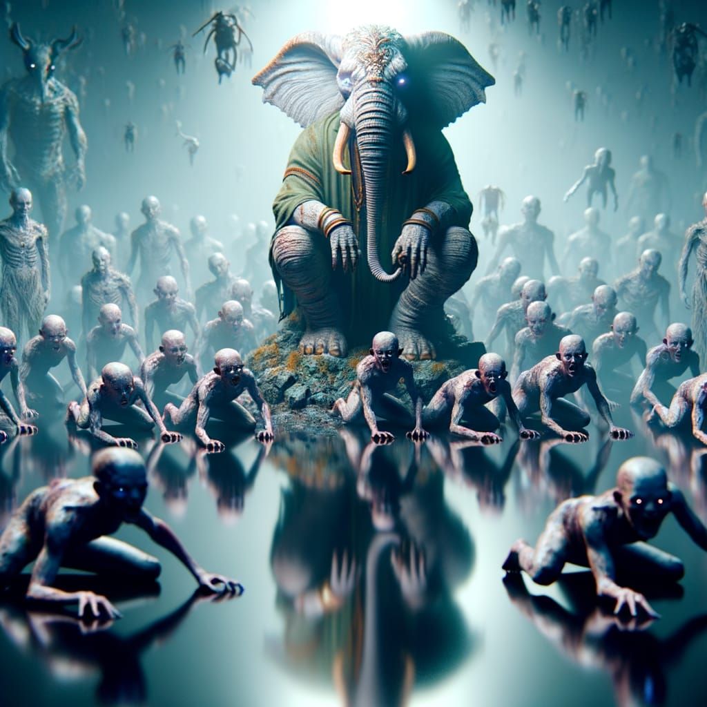 Ethereal Encounter: Humanoid Elephant Meets Crawling Figures...