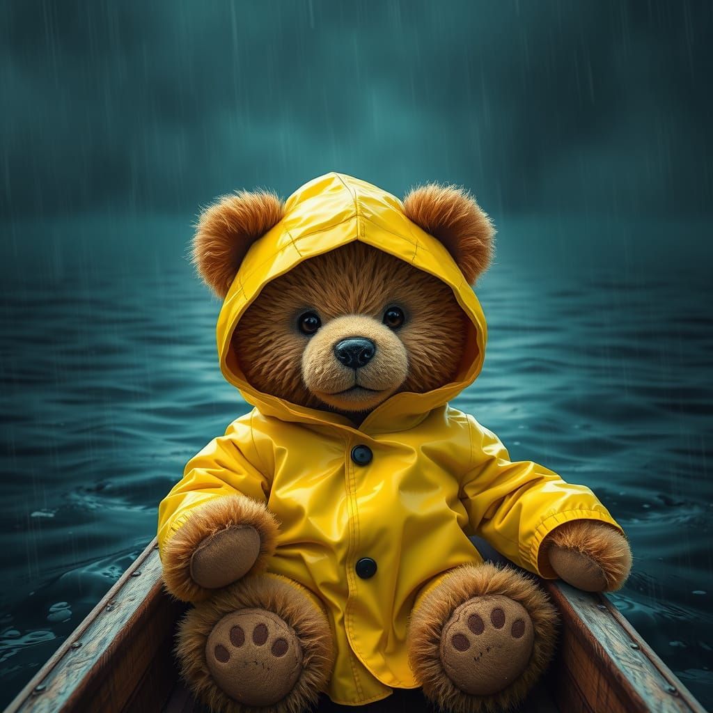 Vibrant Teddy Bear Rides the Stormy Waters in a Splash of Co...