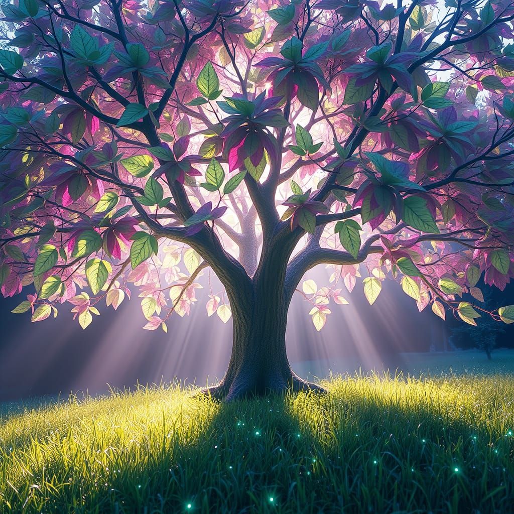 Surreal Crystal Tree with Glowing Neon Dew