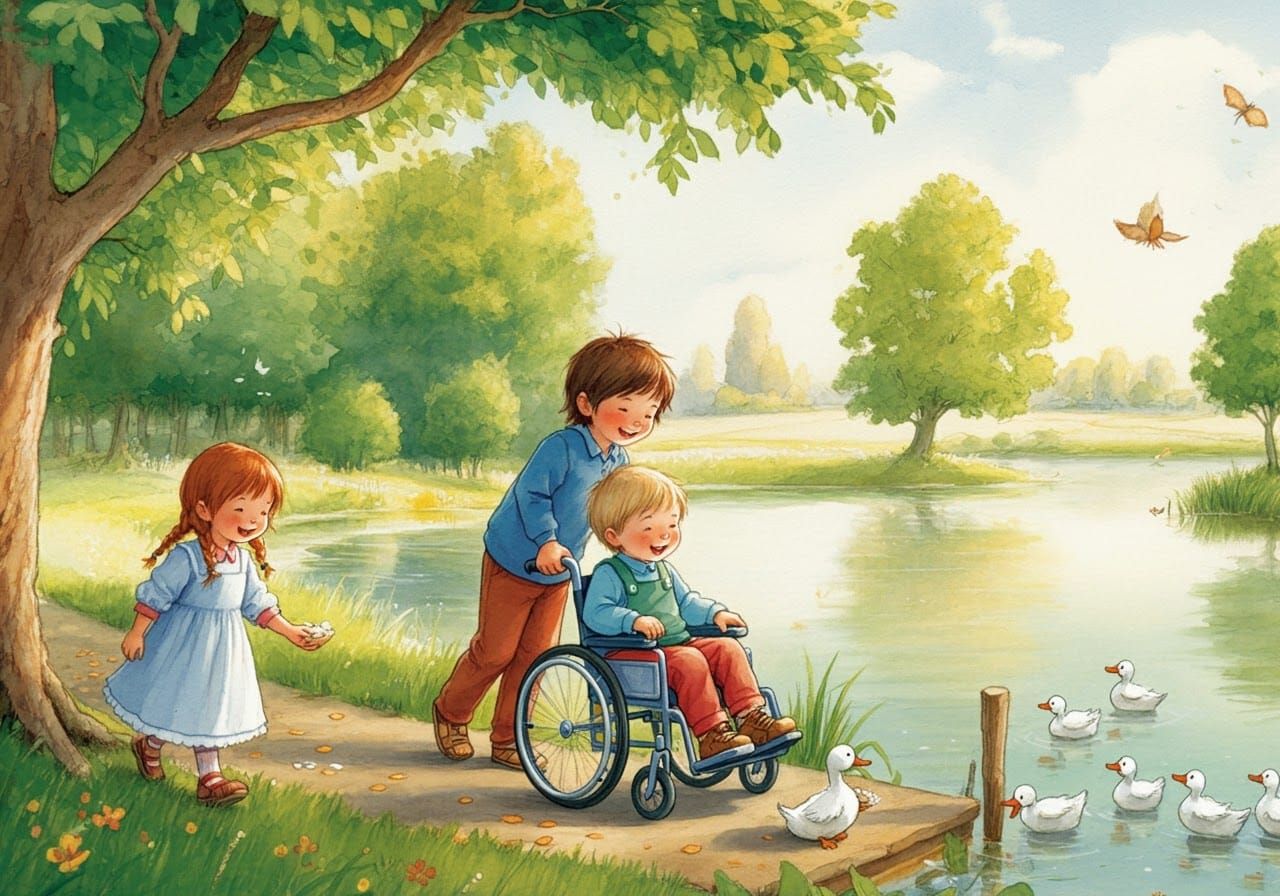 Siblings Feeding Ducks by a Pond in Whimsical Style