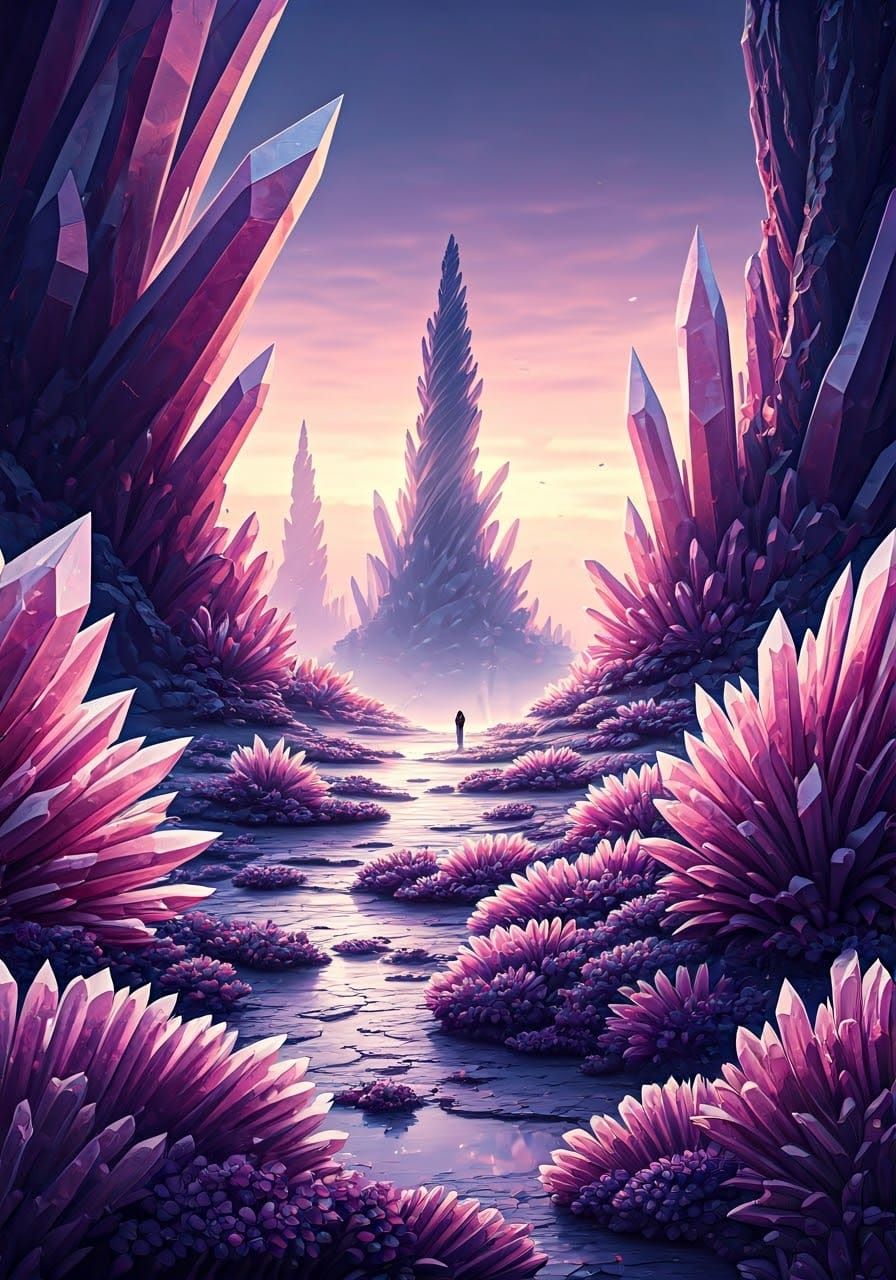 Alien World with Crystalline Flora in Twilight