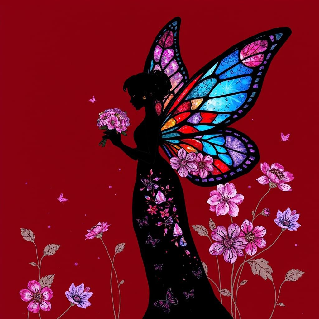 Elegant Fairy Silhouette with Stained Glass Wings