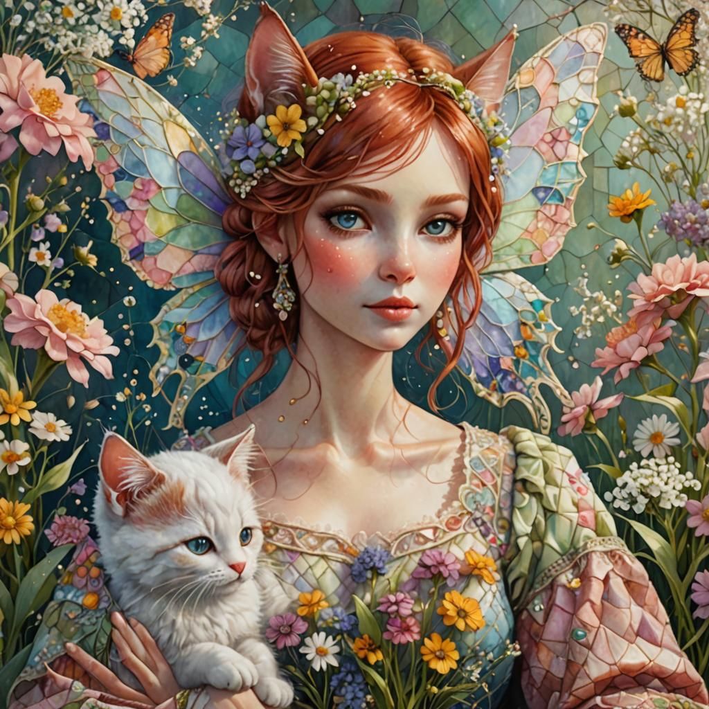 Auburn Haired Fairy Cat with Spring Flowers Watercolor