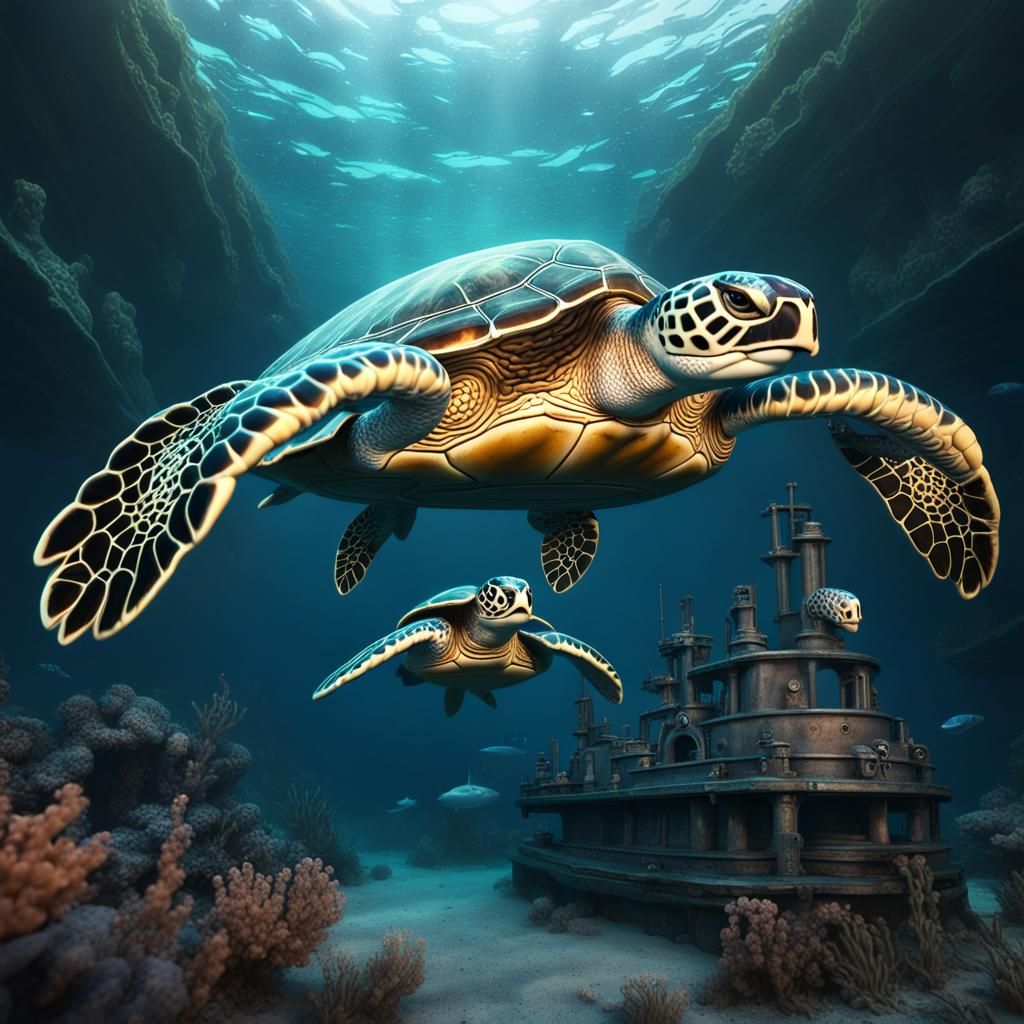 Sea Turtle Submarine Hybrid in Detailed Digital Painting