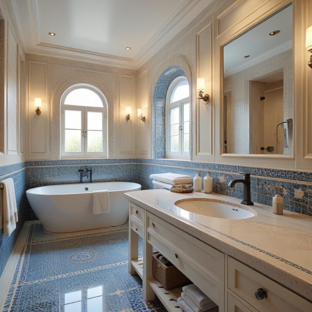 Elegant Greek-Style Bathroom with Mosaic Tiles