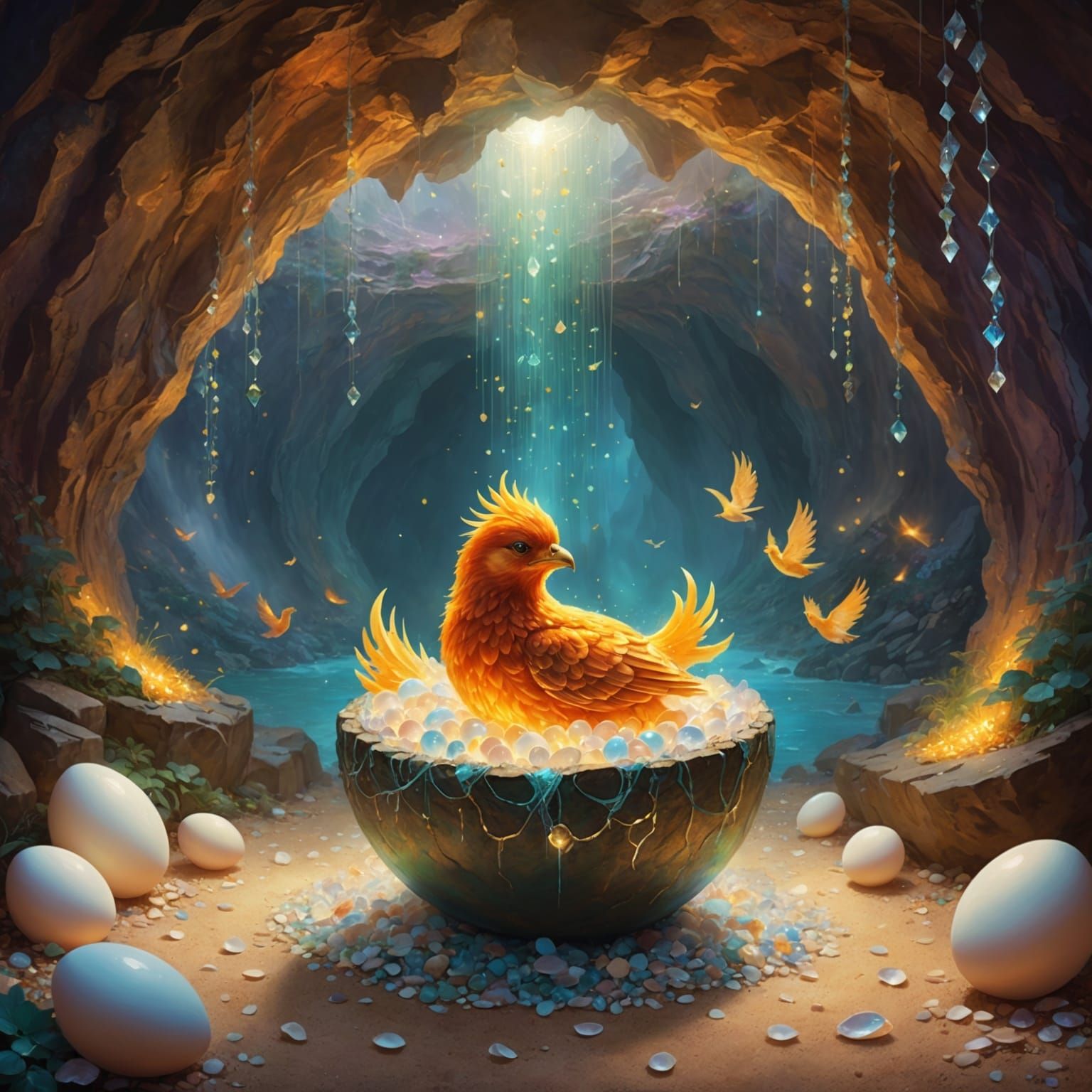 Ethereal Phoenix Hatching in Glistening Cave