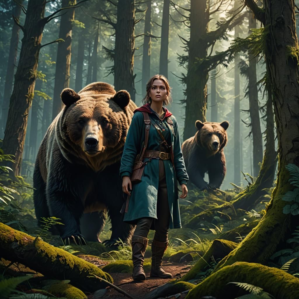 Woman, Bear, and Forest in Detailed Matte Painting