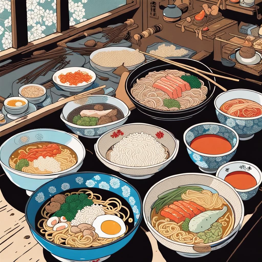 Korean Ramen Street Food in Woodblock Print Style