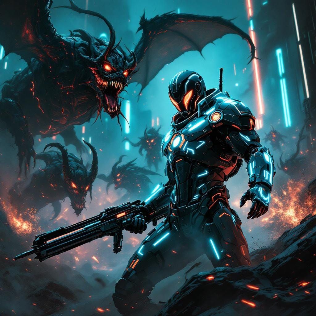 Futuristic Cyber-Soldier Battles Demons in Neon Sci-Fi