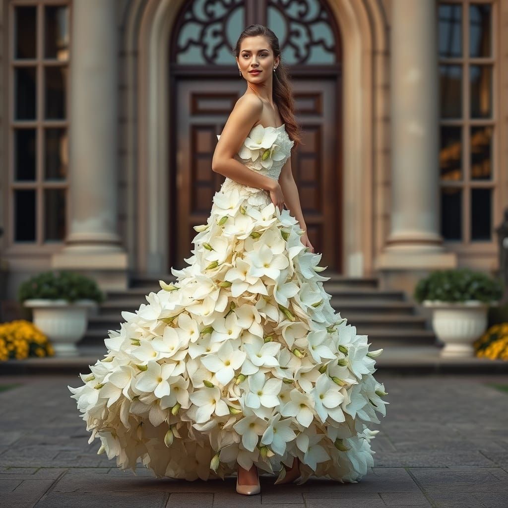 Elegant Woman in Jasmine Flower Gown at Grand Entrance